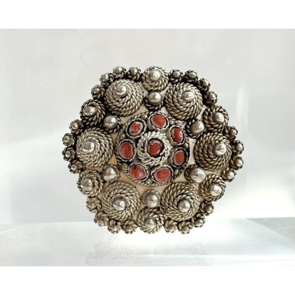 Israeli Made Coral Accented Filigree Beaded Sterling Silver 935 Vintage Pendant - Picture 1 of 10